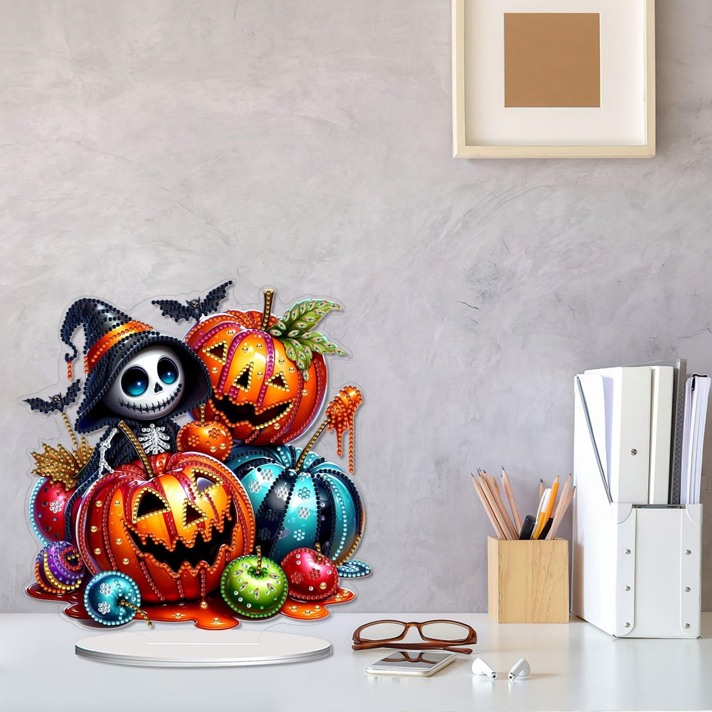VODAPYC Halloween Tabletop Diamond Art Painting Kit, DIY Stand Up Double Sided Special Shaped Diamond Painting Desktop Ornament(Ghost Pumpkin)