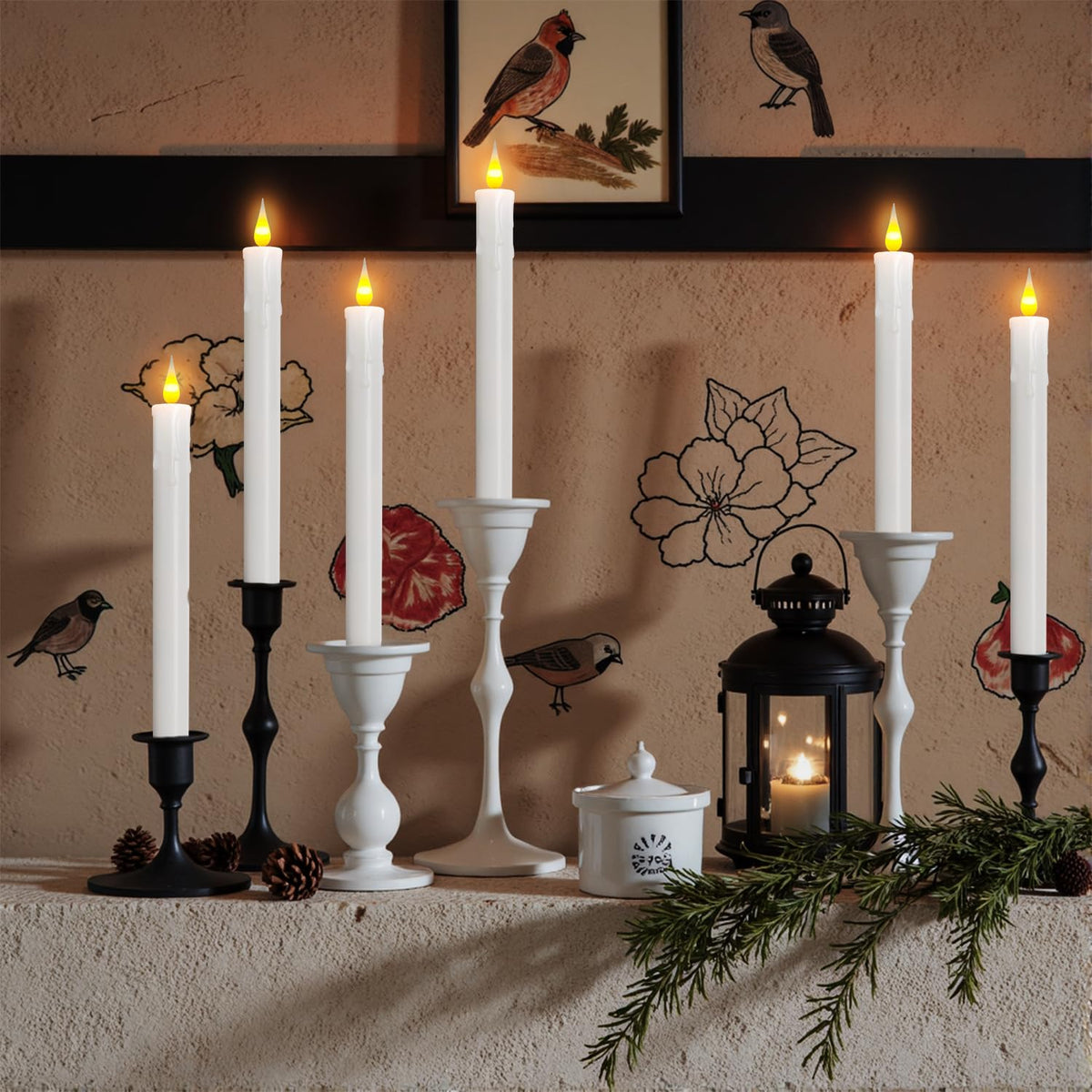 Pierty Flameless Taper Candles with Remote Control, Battery-Operated LED Warm Light 3D Wick Lamp Window Decor Candles, 6-Pack, Christmas Home Decor, Wedding Decorations.