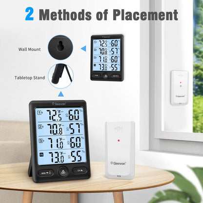 Geevon Indoor Outdoor Thermometer Wireless with 3 Remote Sensors, Digital Hygrometer Thermometer, Wireless Temperature Humidity Monitor Gauge with 200FT/60M Range (Black)