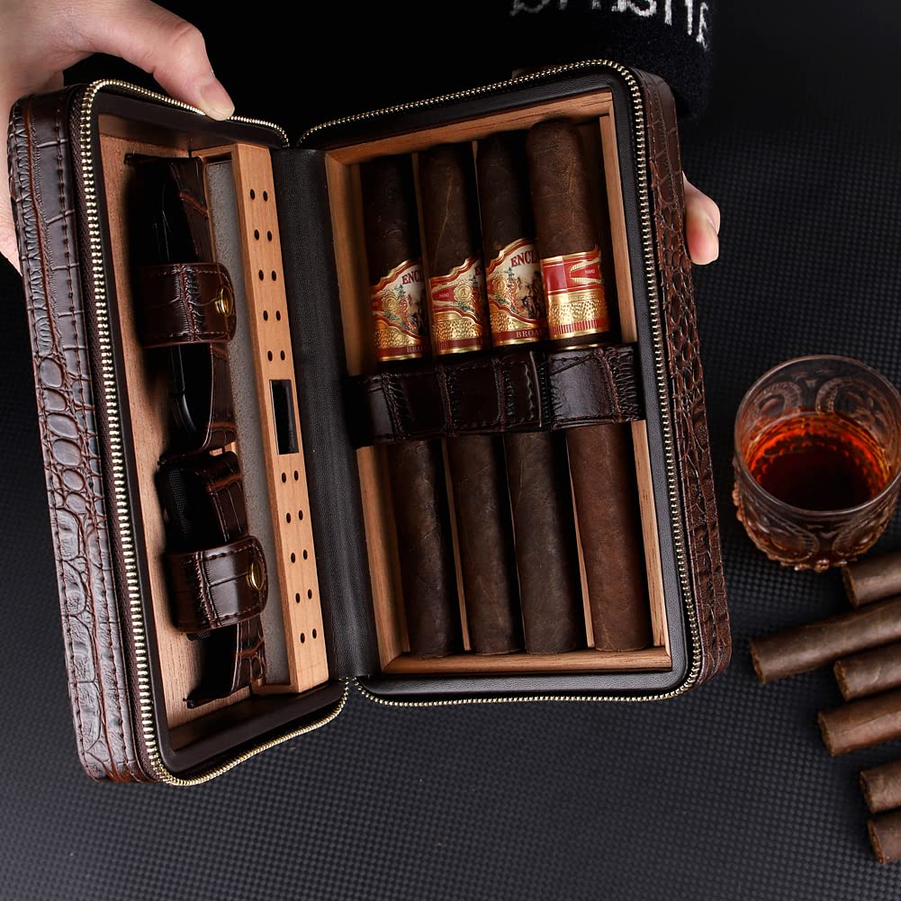 KEENSUN Cigar Case- 4-Finger Black Brown Crocodile Pattern PU Leather Travel Cedar Wood Cigar Humidor with humidifier,Cigar Cutter and Cigar Holder Great Gift for Men