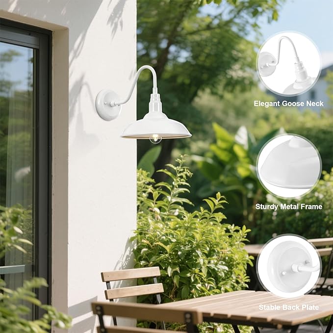 10'' Diameter Outdoor Gooseneck Barn Light Fixture with Wall Mount, White Exterior Waterproof Porch Barn Door Wall Lantern, Farmhouse Outdoor Wall Sconce, 1 Pack, LM2201-WH