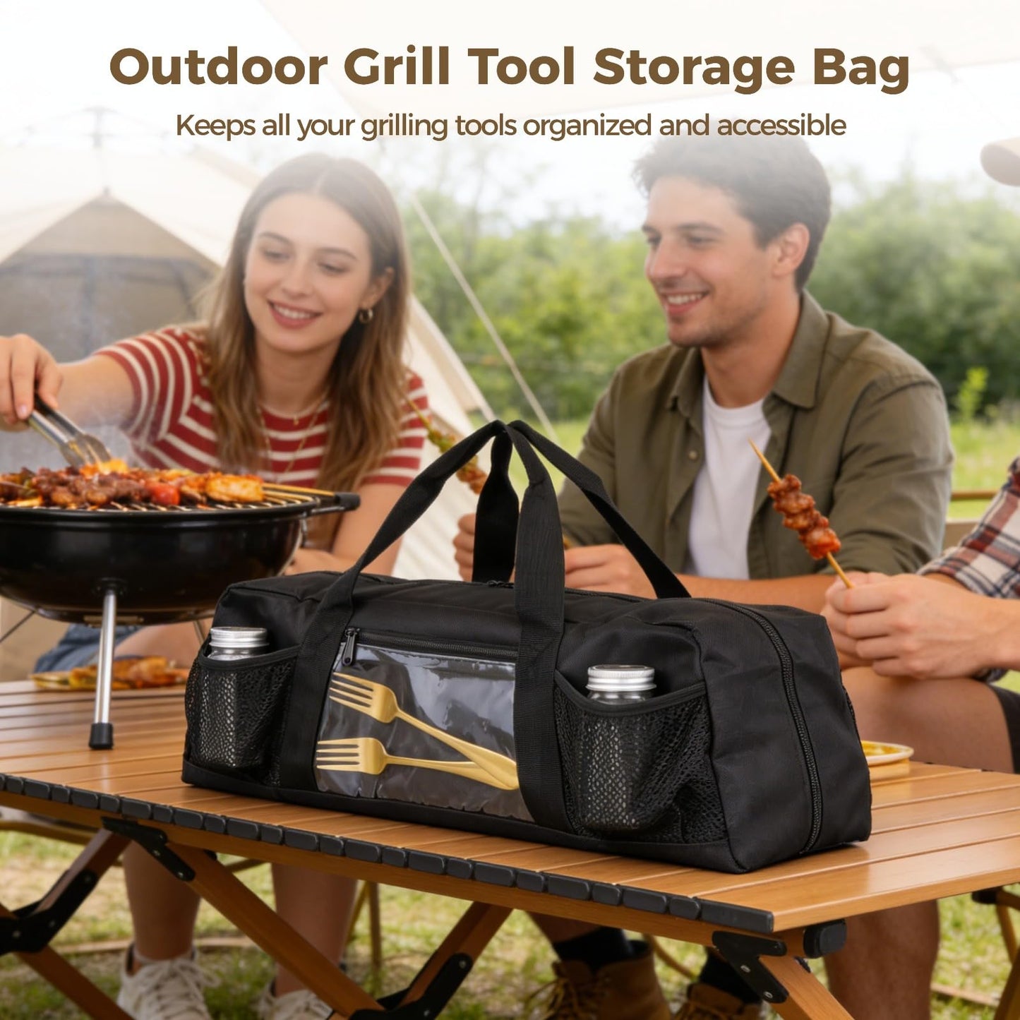 Grill Tool Storage Bag, Outdoor BBQ Utensil Holder for Barbecue Tool up to 20", Large Grill Utensil Storage Caddy with Pockets, BBQ Accessories Case Container for Camping, Bag Only, Black