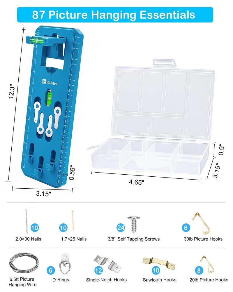 Picture Hanging Kit with Level, Upgraded Picture Hanging Tool, 86Pcs Picture Hangers with Heavy Duty Picture Hanging Hooks, Sawtooth, Wire, Nails, Wall Hangers for Frame, Painting, Art, Photo