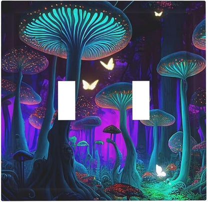 Fantasy Mushroom Forest Glowing Butterfly Double Toggle Light Switch Cover Decorative 2 Gang Wall Plate Electrical Switchplate Faceplate for Bathroom Kitchen Decorate Accessories