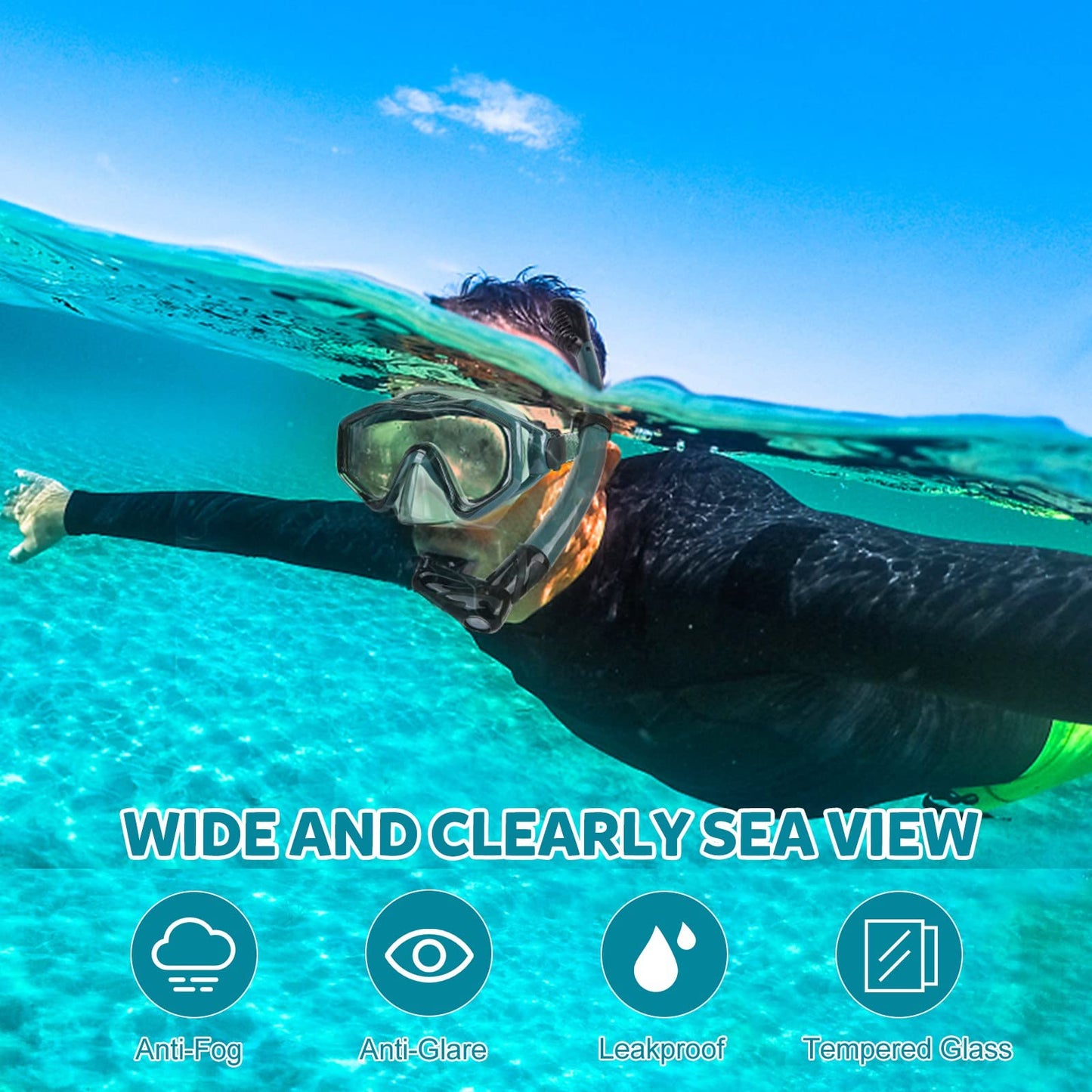 KUYOU Mask Fins Snorkeling Gear for Adults - Wide View Anti-Fog Mask, Full Dry Top Snorkel Gear Set (Dark Celadon, L/XL)