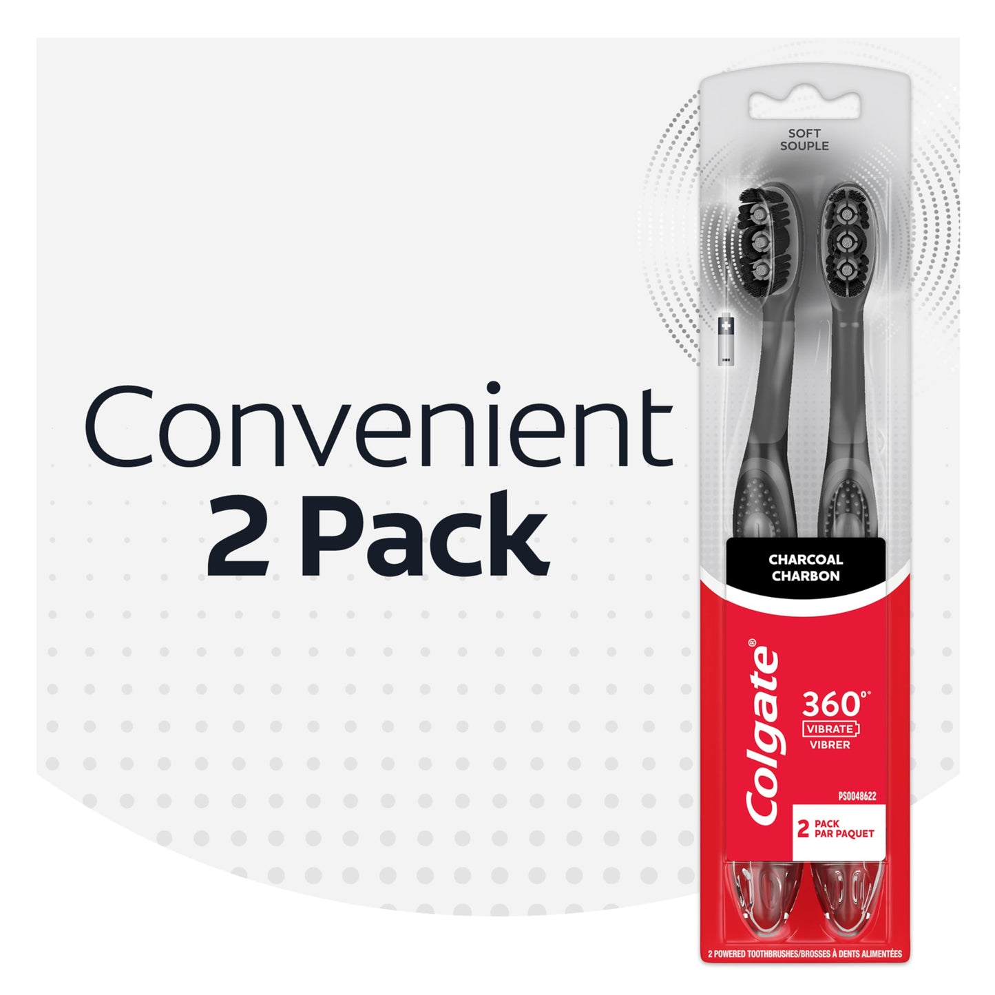 Colgate 360 Vibrate Charcoal Battery Operated Toothbrush Pack, Soft with 1 AAA Battery Included, Black, 2 Count