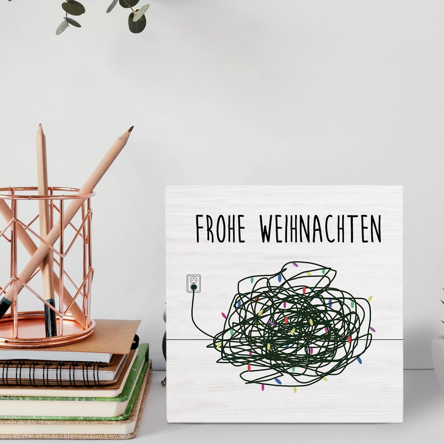 HYKDFMNCJ German Merry Christmas Wooden Box Sign Desk Decor, Funny Christmas Decor, Frohe Weihnachten Xmas Lights Holiday Wood Signs for Home Office Desk Table Shelf Decorations, 5x5 Inch