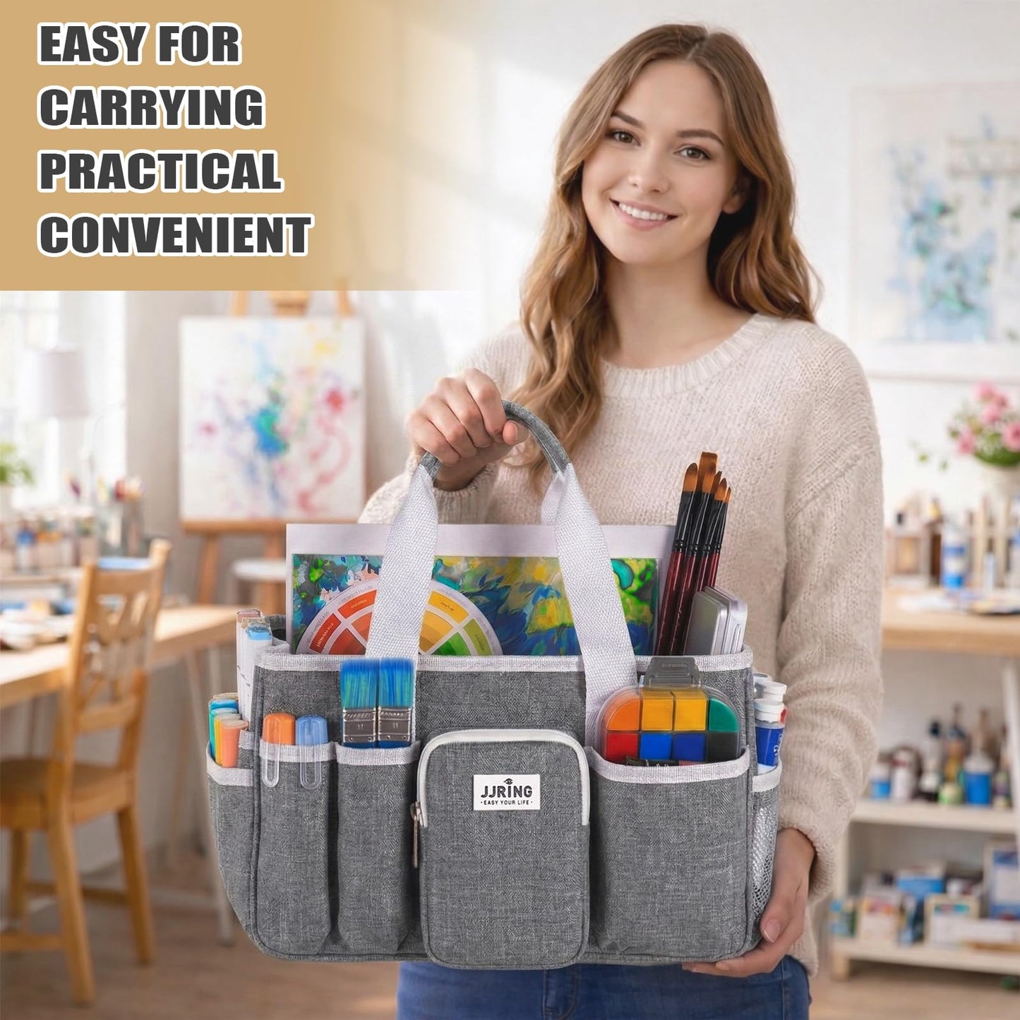JJRING Craft Organizer Tote Bag, Portable Art Caddy with Adjustable Divider&Secure Zipper Pocket, Large Foldable Storage Tote for Scrapbooking, Sewing, Artist and Home(Grey)
