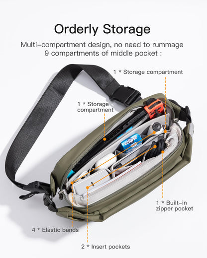 Inateck Sling Bag X, Multi-pocket Crossbody Shoulder Chest Bag with Adjustable Shoulder Strap, Water-resistant Waist Fanny Pack for Men, Women, Travel, Daily Use, Cycling, Hiking, Black, Large