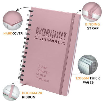 Nextnoid Hardcover Workout Planner Fitness Journal for Women & Men - A5 Sturdy Workout Log Book to Track Gym & Home Workouts - Pink