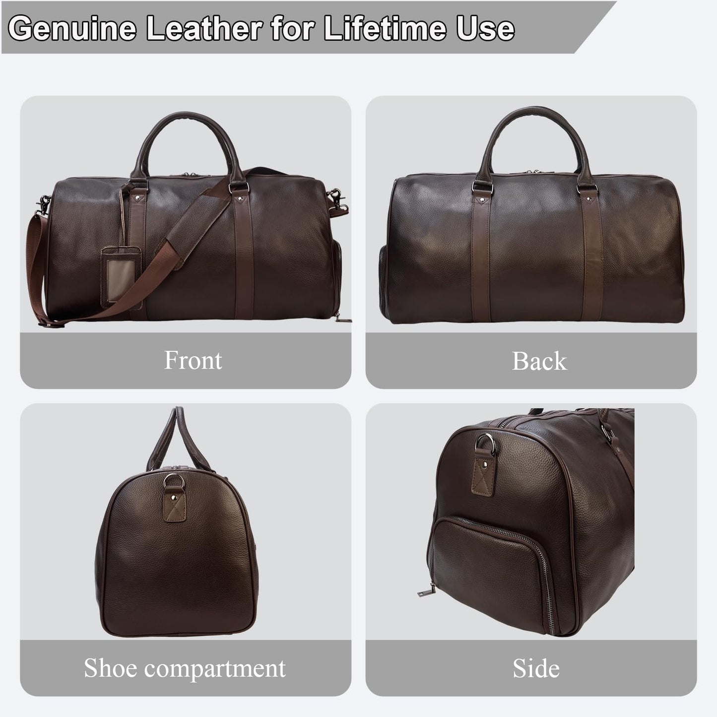 Yevabo Genuine Leather Duffel Bag for Men & Women, Cabin Friendly Carry-On Weekender Bag for Gym Travel Overnight Trips, Brown