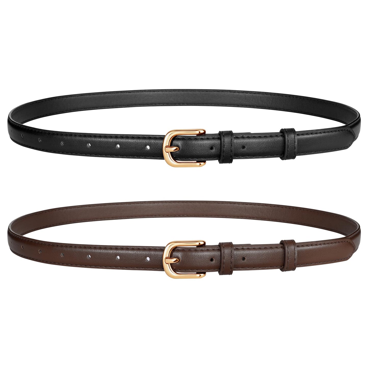 JASGOOD 2 Pack Women Skinny Belt with Gold Buckle Fashion Faux Leather Thin Belt for Jeans Pants,Black+Dark Brown