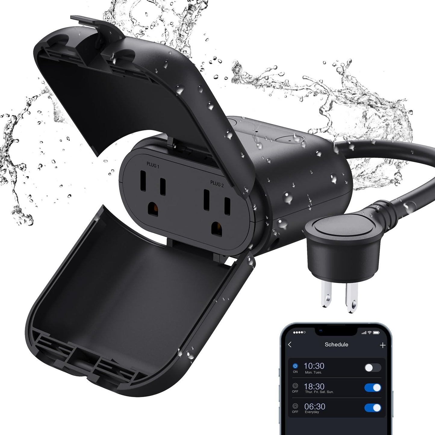 ELEGRP PQR20 Outdoor Smart Plug Waterproof IP66, WiFi Plug with 2 Individually Sockets, Compatible with Alexa & Google Assistant, Smart Outdoor Outlet for String Lights, UL Certified, 2 Pack, Black