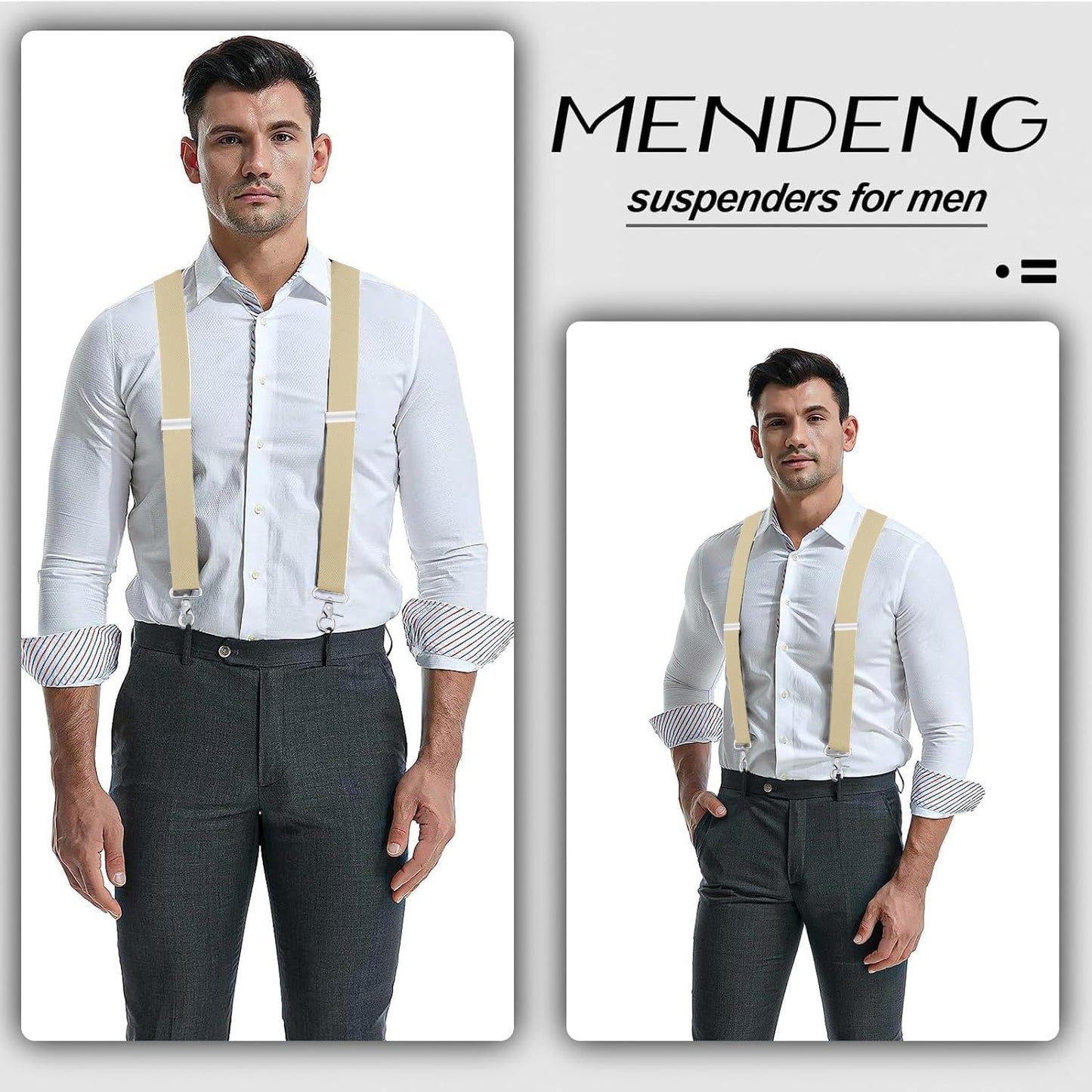 MENDENG Suspenders for Men with 4 Snap Hooks Adjustable Braces Groomsmen Beige