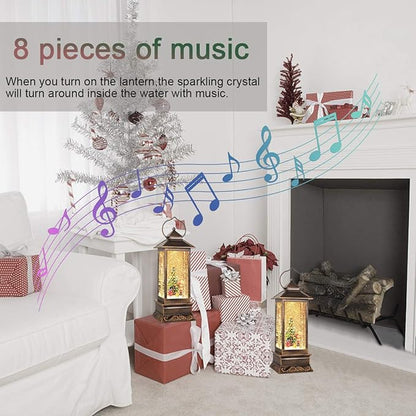 Christmas Snow Globe Lantern Christmas Decorations, Xmas Gifts Christmas Vintage Home Decor Indoor,Christma Lantern Sparkling with Music 6H Timer, Holiday Party Gifts(Christmas Tree)