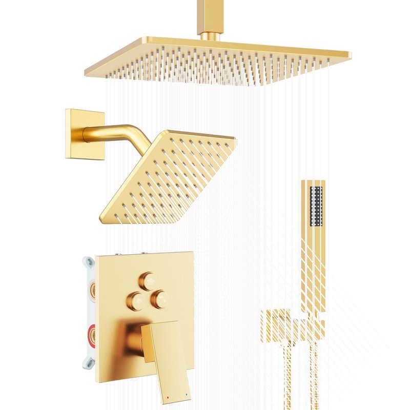 Gold Shower Faucet Set, Brushed Gold Shower System, 10'' Ceiling Shower Head and 6'' Wall Mounted ShowerHead, Dual Gold Shower Head with Handheld Combo, 3 In 1 Push Button Shower Diverter Valve