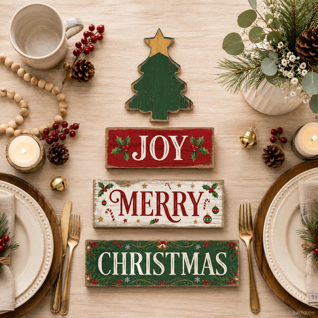 4 Pcs Christmas Decor Joy Merry Christmas Wooden Block Signs Farmhouse Rustic Tabletop Centerpiece Xmas Tiered Tray Decor with Green Tree for Home Kitchen Mantel Shelf Party Gift