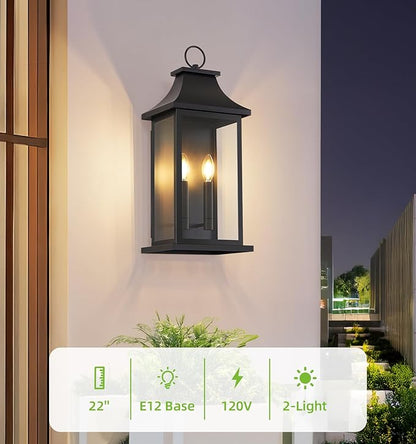 tewei 22'' Large Outdoor Wall Light, Porch Light Outdoor Wall Sconce Lantern, 2-Light Black Exterior Lighting Fixture Wall Mount, Outside Light for House Garage, 1-Pack