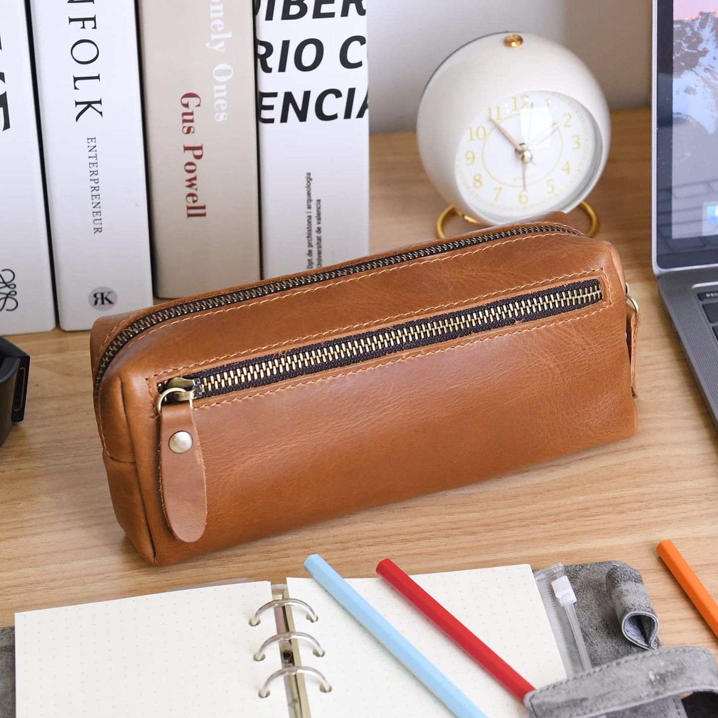 WONDERPOOL Pen Case Real Leather Pencil Pouch Markers Holder Big Capacity Bag with Side Zippered Pocket Sleeve for Stationery Makeup Utensils Organizer (Light brown)