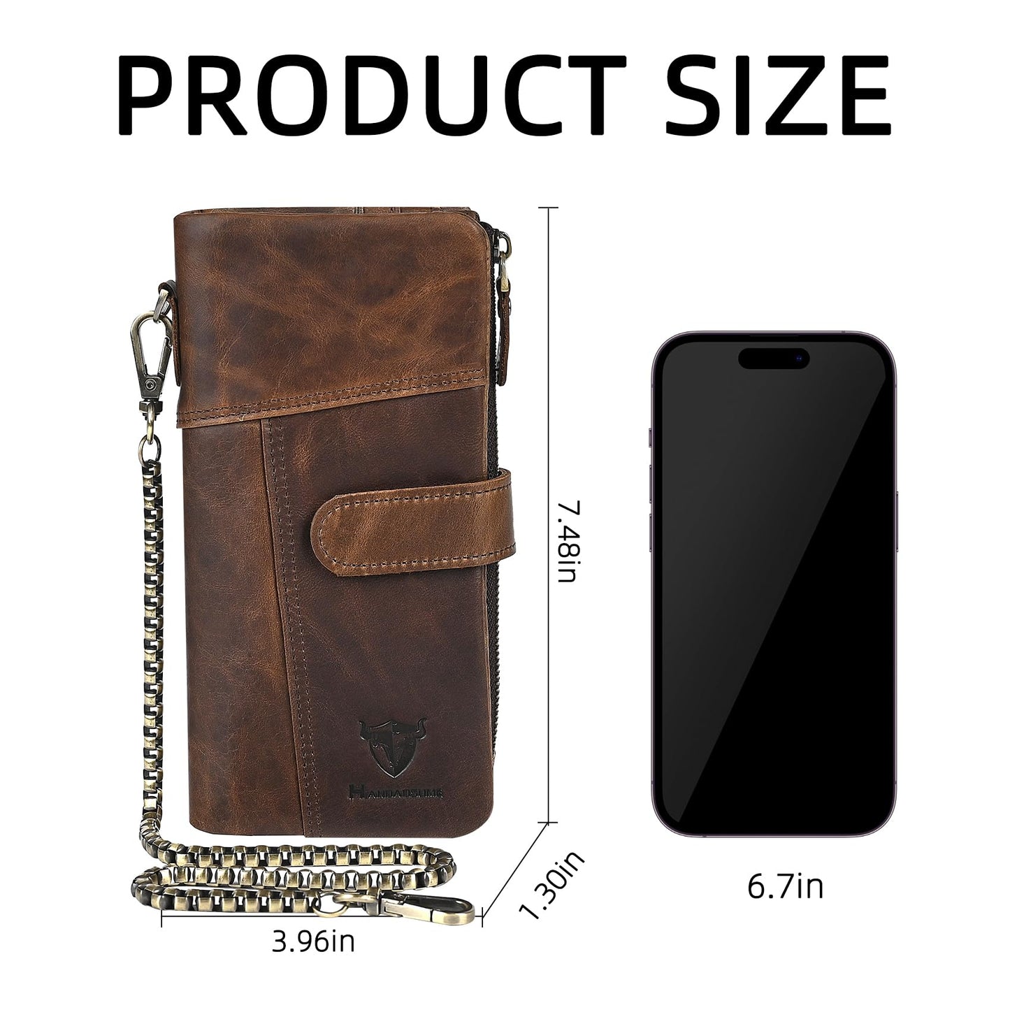 Handadsume Genuine Crazy Horse Leather Travel Gift Coin Pocket Card Case Long Organizer Chain Rfid Wallet Purse With Snap For Men Male 1803 1815 (1803 Light Brown)