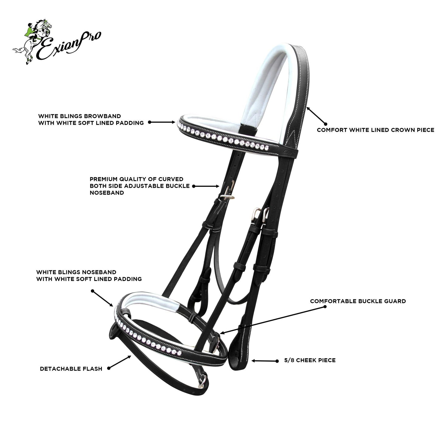 Exion White Shine Blings & Browband & Snaffle Bling Noseband & White Soft Lined Padded Bridle & Rubber Reins. | Browbands with Bling | Bling Browbands | English Tack for Horses