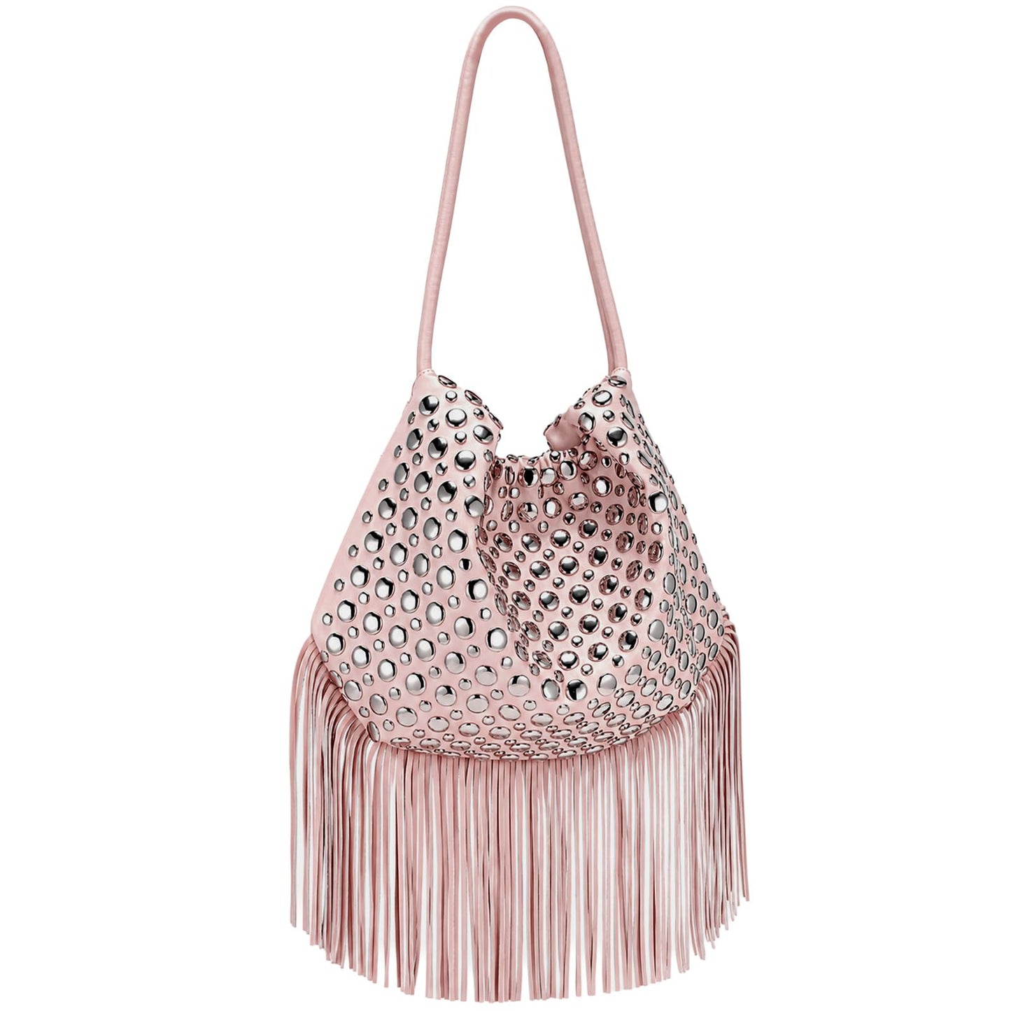 Gixuantang Leather Hobo Shoulder Bags for Women,Fringe Tassel Bucket Tote Handbag with Studded Silver Rivet in Daily Life (Pink)