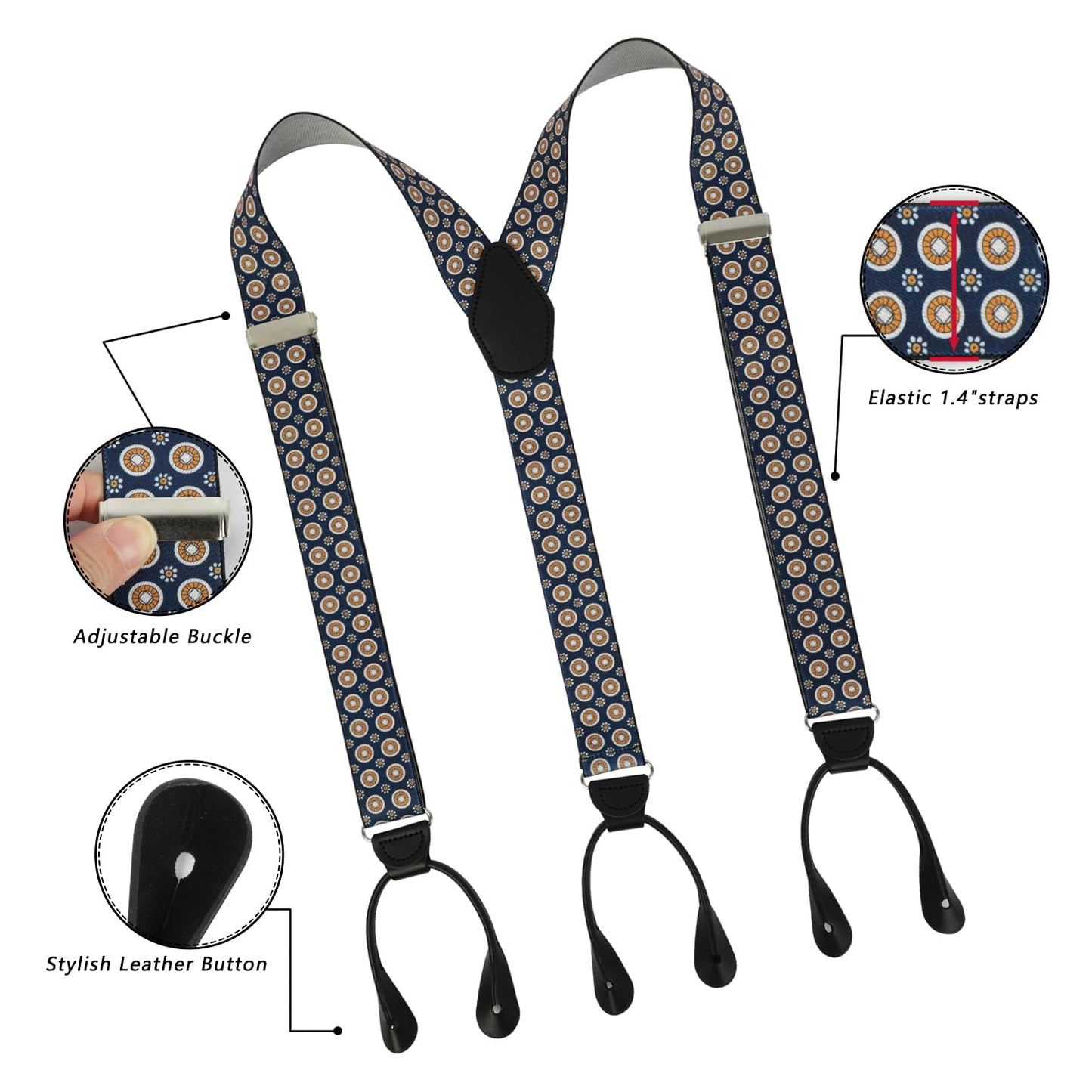 LEHOMU Men Button Suspenders Adjustable,1.4 Inch Wide Heavy Duty Y-Back Elastic Tuxedo Elastic Mens Suspenders with Leather Buttons End,Dark Blue and Golden Circle Pattern