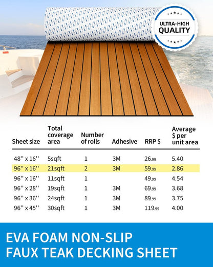 OCEANBROAD Self-Adhesive 48''x16.8'' Boat Flooring with 3M Adhesive Backing EVA Foam Boat Decking Faux Teak Marine Non-Slip Sheet for Jon Motor Boats Yacht Helm Pad Floor, Brown with Black Seam Lines