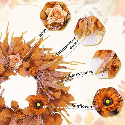 Fall Wreaths for Front Door 26 Inch, Front Door Wreath with Sunflowers Roses and Realistic Full Leaves, Outdoor Wreaths for Front Door Porch Farmhouse Home Harvest Thanksgiving Decor