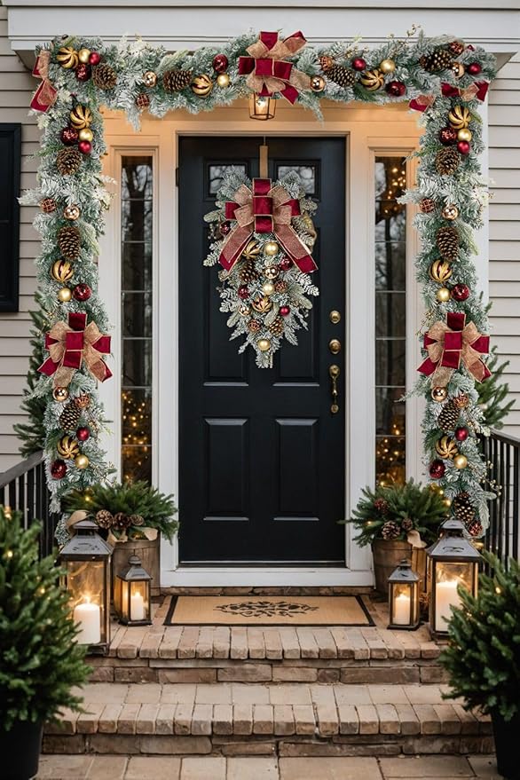 30" Christmas Teardrop Swag for Front Door Artificial Winter Swag Garland with Pine Cones, Berry Clusters, Burgundy Ball Ornaments and Ribbons for Thanksgiving Holiday Christmas Decoration