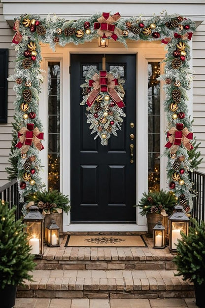 30" Christmas Teardrop Swag for Front Door Artificial Winter Swag Garland with Pine Cones, Berry Clusters, Burgundy Ball Ornaments and Ribbons for Thanksgiving Holiday Christmas Decoration