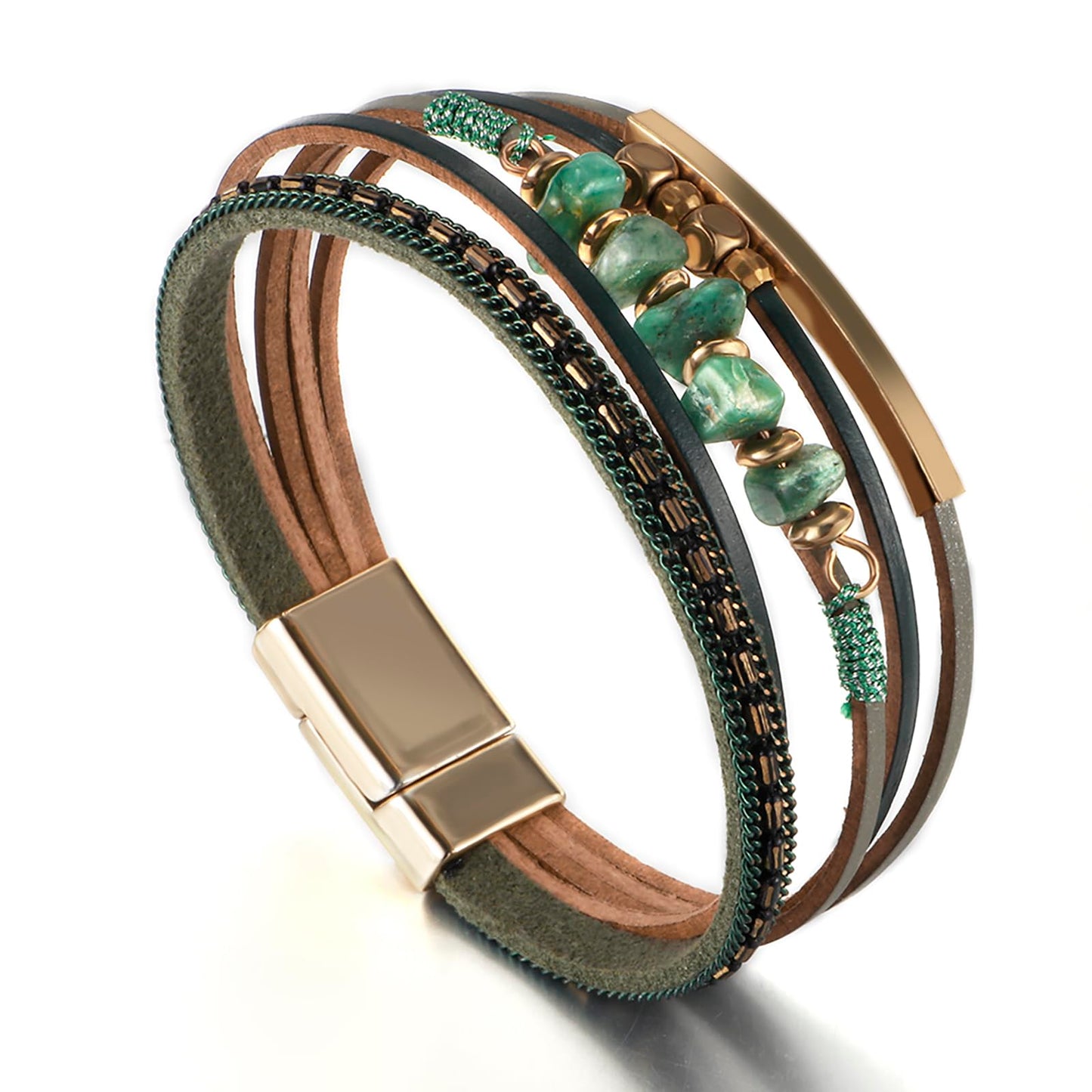 Fesciory Leather Wrap Bracelets for Women, Boho Leopard Multi-Layer Crystal Beads Cuff Bracelet Jewelry (Stone(Green1))