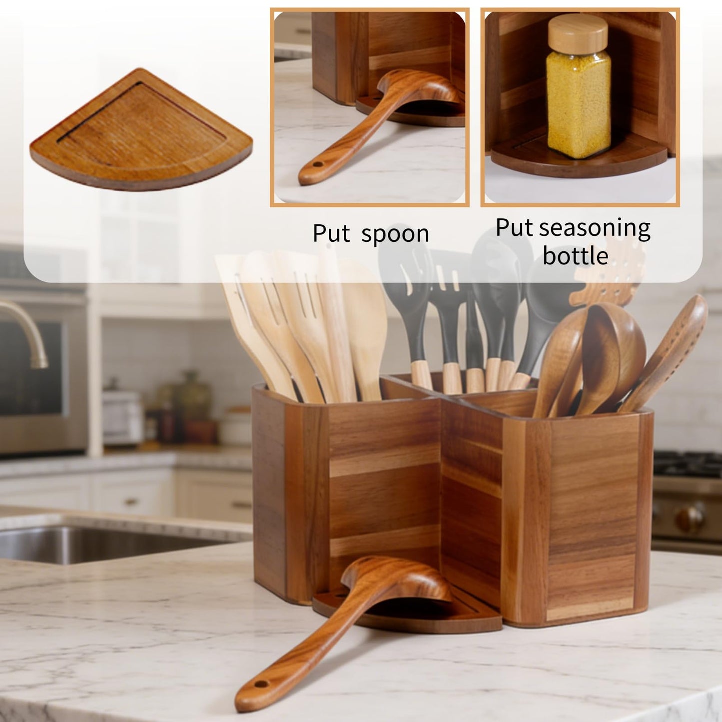 Liberal Brightdeer Large Kitchen Utensils Holder with 3 Compartments,Corner Utensil Caddy for Countertop,Acacia Wooden Utensil Organizer for Kitchen Countertop, Farmhouse Decor