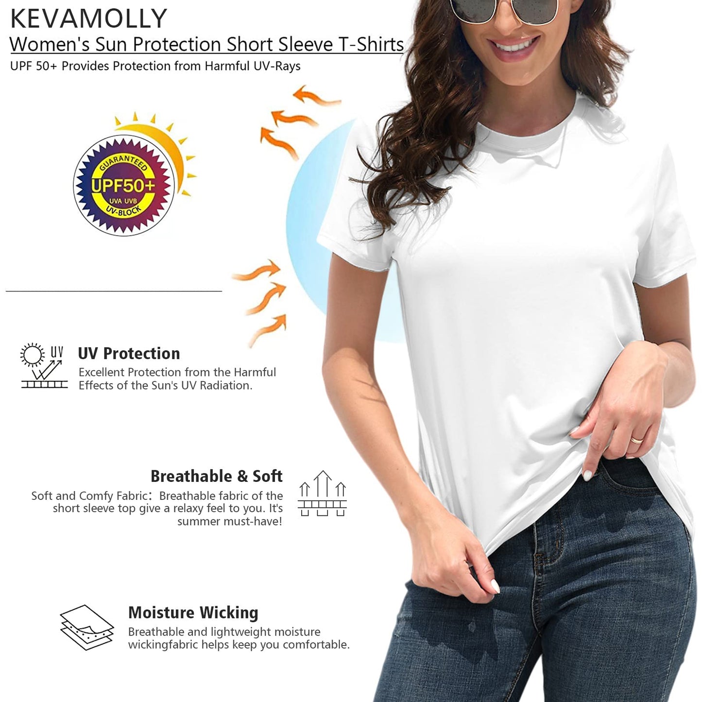 KevaMolly Basic White T Shirts for Women UPF 50+ Short Sleeve Casual Solid Summer Tops Trendy Solid Loose Fit Tshirt S