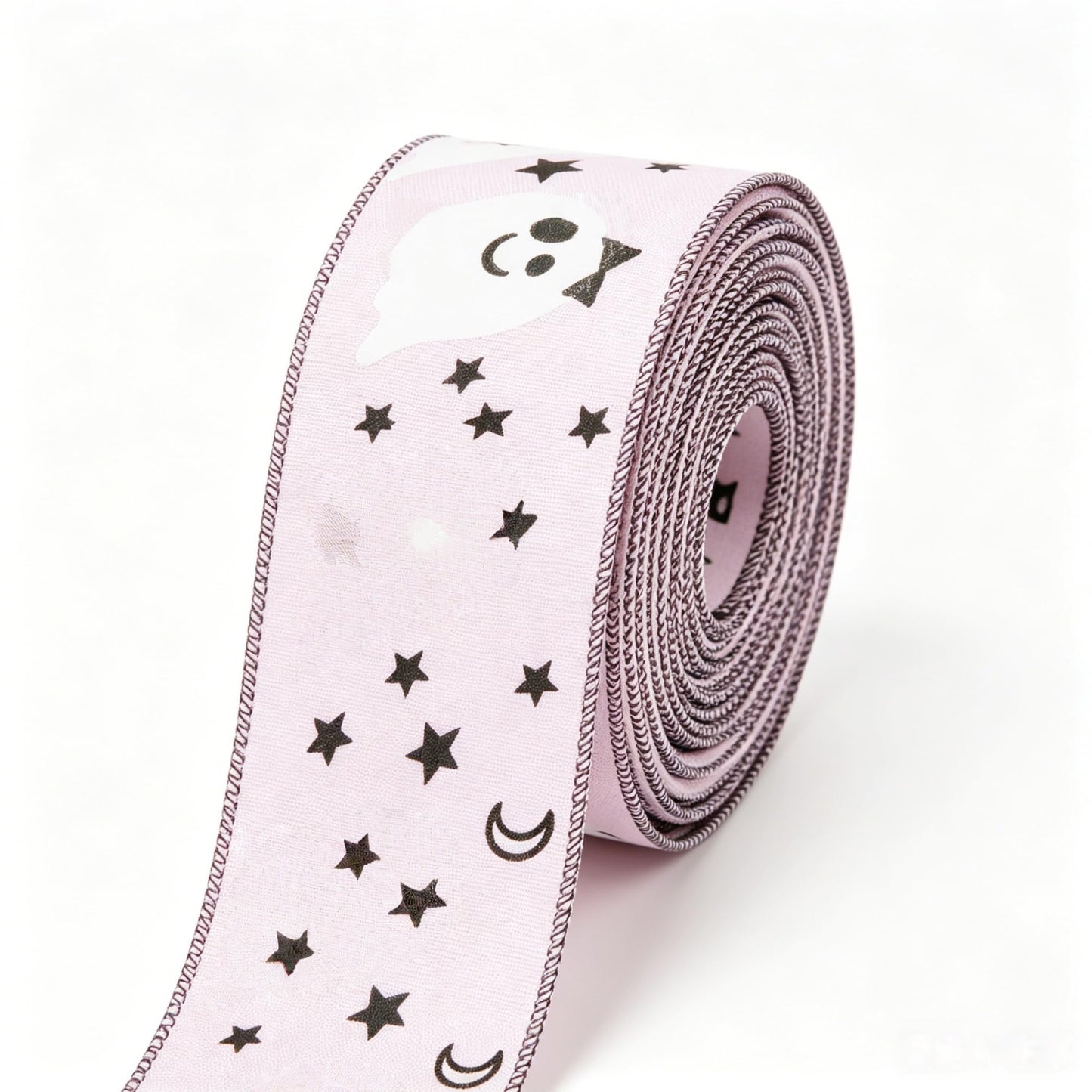 Meseey Pink Ghost Wired Ribbon 2.5 Inch x 20 Yards, Cute Spooky White Ghost Star Moon Linen Wired Edge Ribbon for Halloween Wreath, Gift Wrapping, Fall Birthday Party DIY Craft Decor