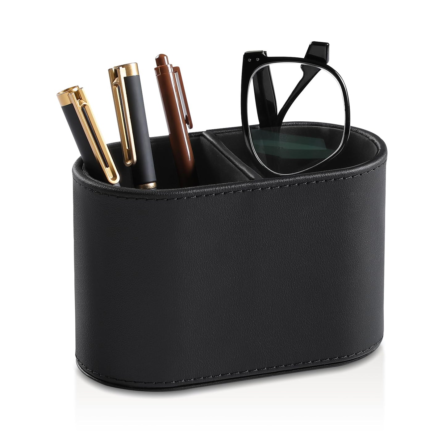 MEIBOOCH PU Leather Pen Holder for Desk, Small Remote Control Holder Pencil Cup Multifunctional Desktop Organizer Caddy for Home School Office Desk Accessories - 2 Compartments (Black)