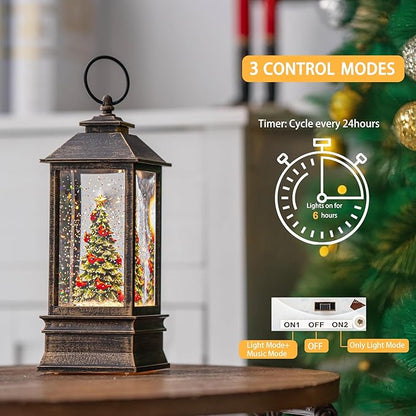 Christmas Snow Globe Lantern Water Glittering Christmas Tree with Music, USB Lined/Battery Operated Lighted Lantern for Christmas Festival Decoration Gifts