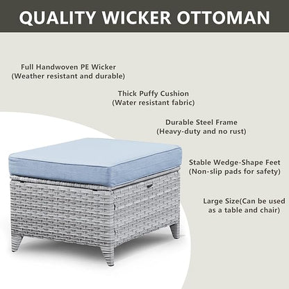 Patio Furniture Swivel Chairs Set - 8 Piece Wicker Rattan Outdoor Sectional Conversation Sets with 4 Swivel Rocking Chairs,2 Ottomans,1 Sofa and 1 Coffee Table for Porch Deck(Light Grey/Sky Blue)