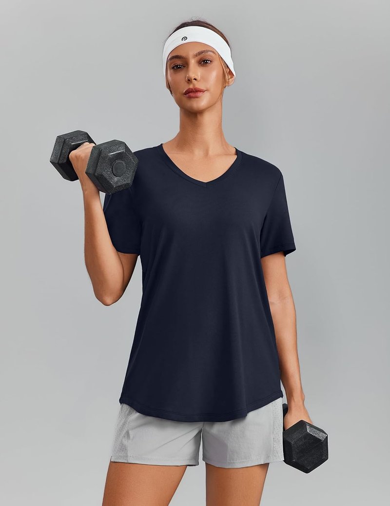 Soft Workout Tops for Women - Short Sleeve V-Neck Gym Shirts | Moisture-Wicking, UPF 50+ Sun Protection