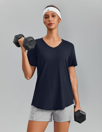 Soft Workout Tops for Women - Short Sleeve V-Neck Gym Shirts | Moisture-Wicking, UPF 50+ Sun Protection