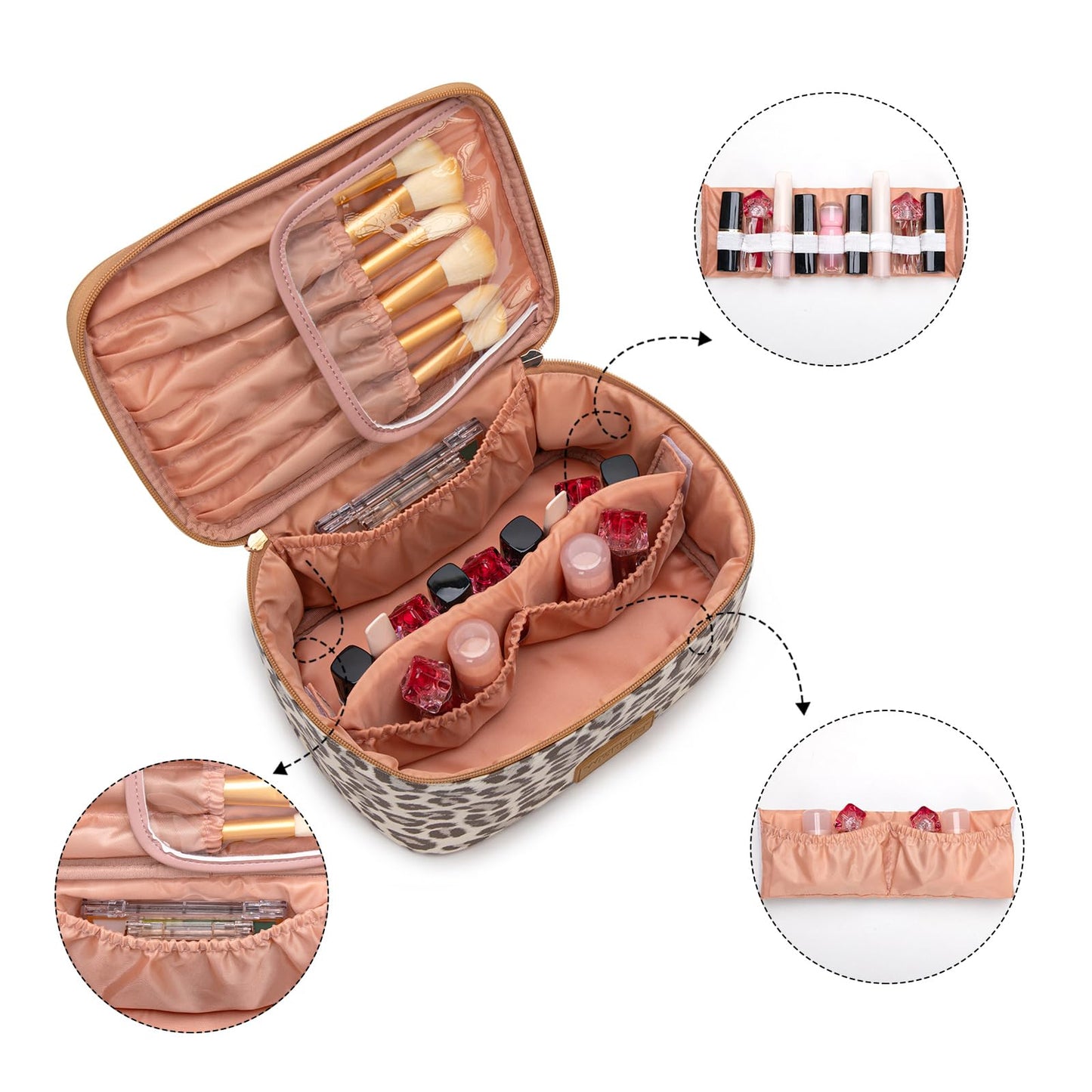Montana West X Wrangler Travel Makeup Bag 2pcs Set Large Cosmetic Bag with Makeup Brush Holder Portable Make Up Organizer Cute Toiletry Bag with Divider and Handle for Women Leopard
