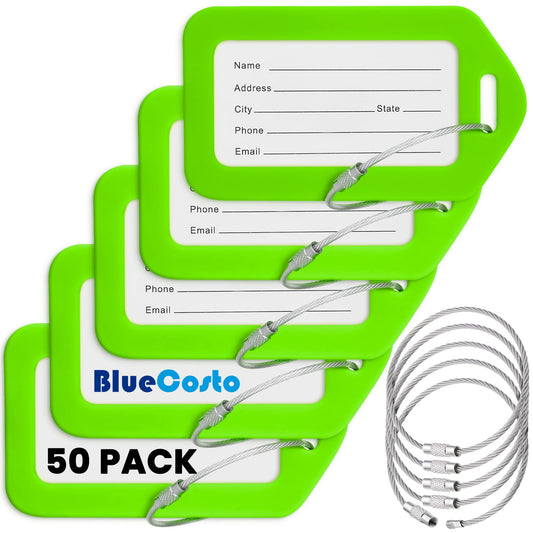 BlueCosto - Luggage Tags - Green, 50 Pack - Suitcase Tags with Name ID Card & Heavy-Duty Metal Wire Loops - Bright Colored PVC Identifiers for Travel Baggage - Backpack Name Labels