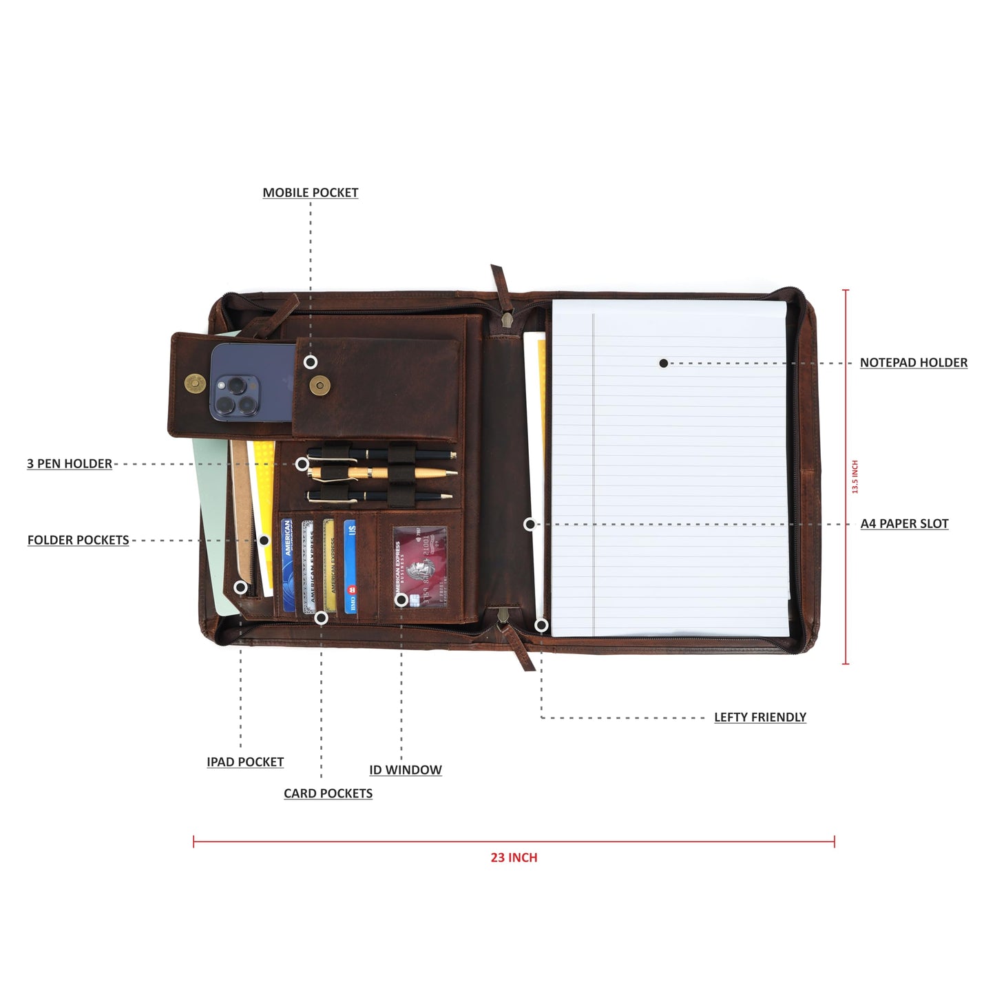 Leather Portfolio for Men, Portfolio Organizer with Zipper for Men Women, Leather Padfolios Business Resume Legal Pad Notebook Binder for A4/Pad (Brown)