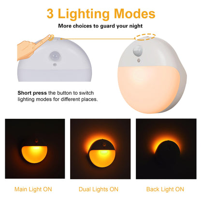 YUNLEX 2 Pack Motion Sensor Night Light, 2 Light Sources, 3 Light Modes, Night Light for Stairs, Bathroom, Bedroom, Hallway, Kitchen, Amber