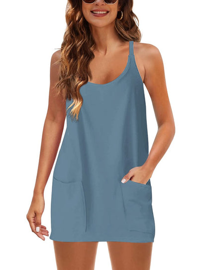 Lentta Womens Athletic Sleeveless Mini Dress with Built-in Shorts V Neck Spaghetti Strap Sundress(Bluegrey-S)