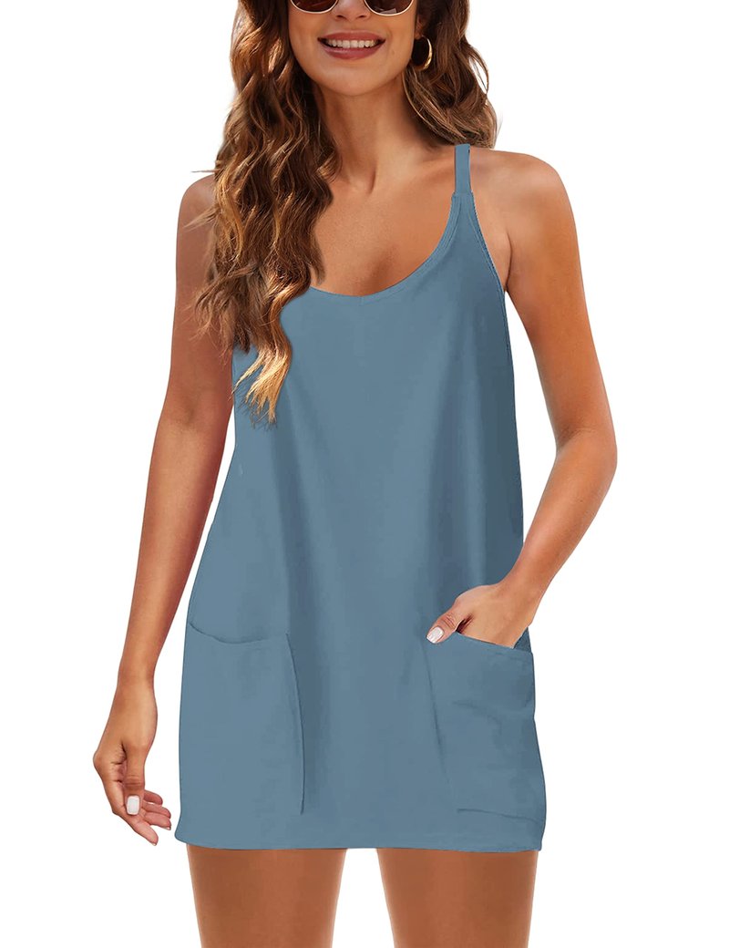 Lentta Womens Athletic Sleeveless Mini Dress with Built-in Shorts V Neck Spaghetti Strap Sundress(Bluegrey-XL)