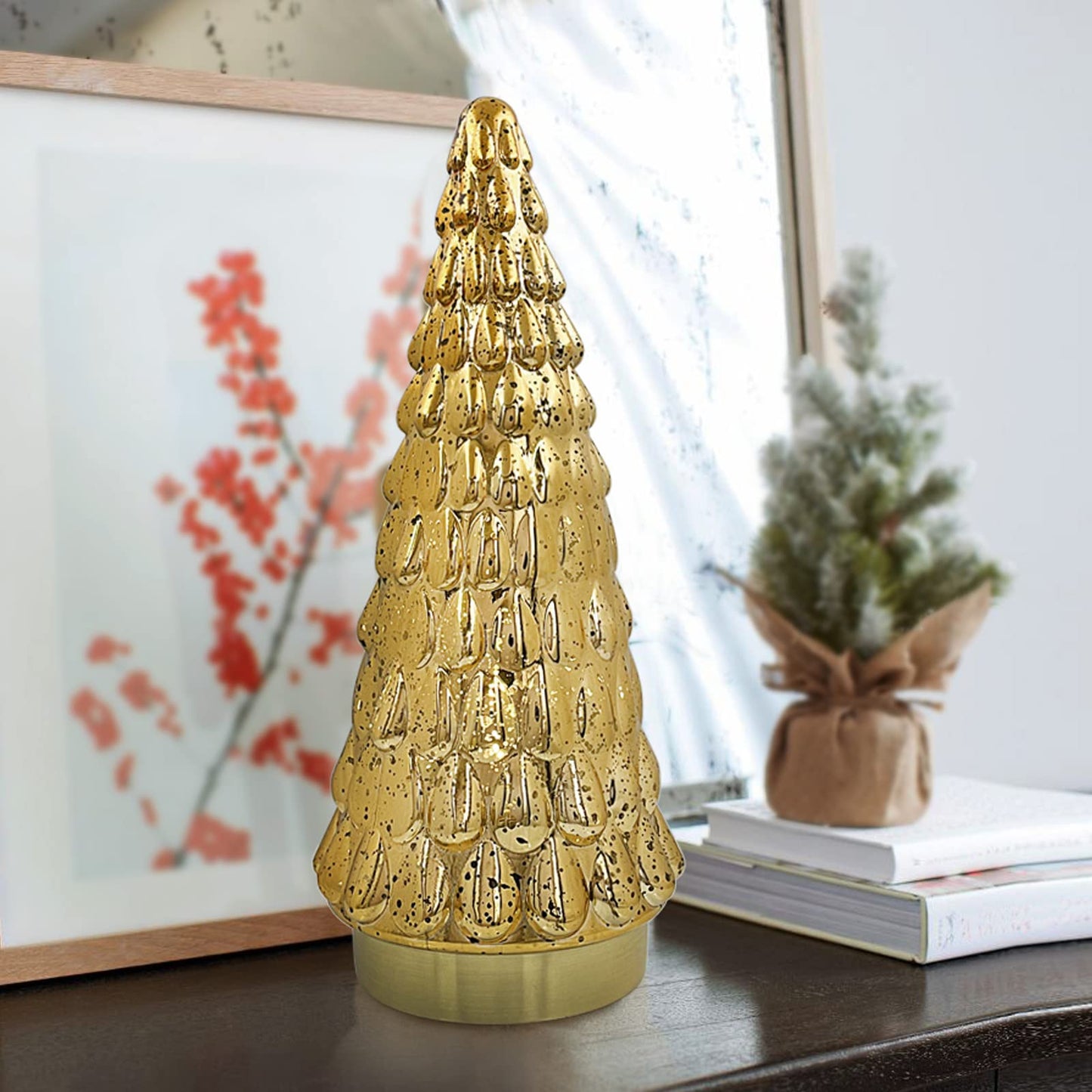 SHMILMH Gold Mercury Glass Christmas Tree Set of 2, Tabletop Christmas Tree with Light, Battery Operated Small Xmas Tree for Fireplace Centerpiece Decorations 10"