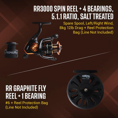 Rigged & Ready X5 Fishing Rod Combo with 2 Reels & Case – Super Compact, Multi-Functional Travel Rod – 1 Rod = 5 Fishing Techniques (Spin, Float, Feeder, Fly & General Freshwater/Saltwater)
