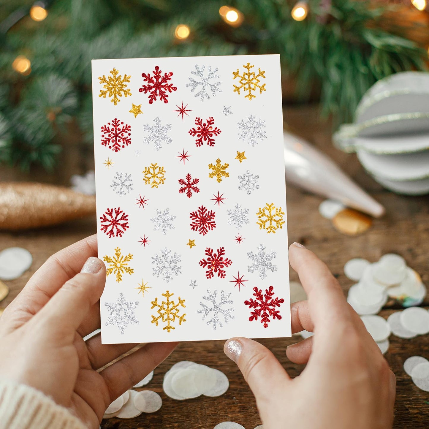 Whaline 330 Pcs Winter Glitter Stickers Gold Silver Red Snowflake Decals Self Adhesive Stickers for Christmas Home Party DIY Crafts Supplies, 10 Sheets