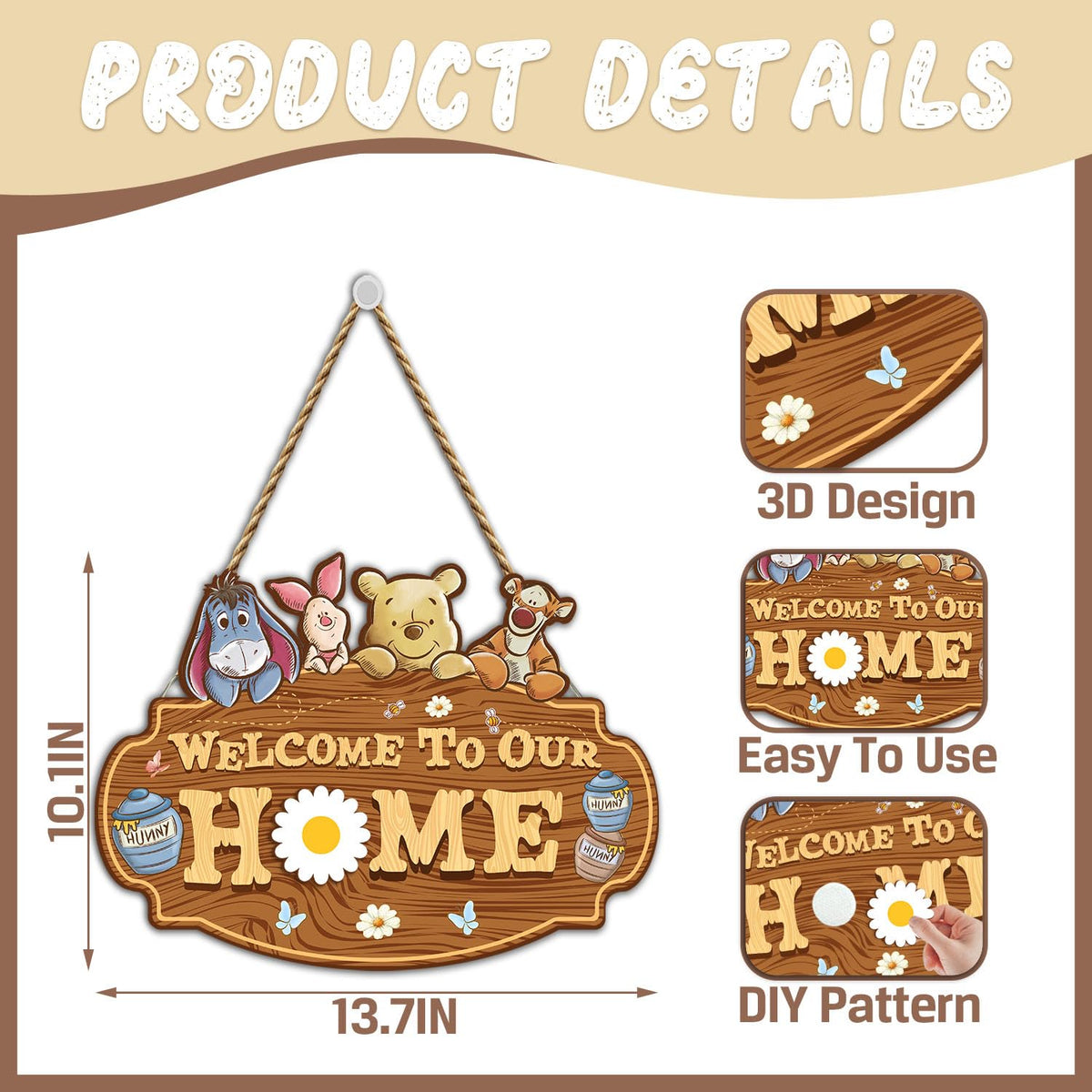 Winnie Welcome Sign for Door Decor, the Pooh Welcome to Our Home Sign with Interchangeable Holiday Sign, Welcome Sign for Home Farmhouse, Perfect for Christmas Thanksgiving Gifts, Housewarming Gifts